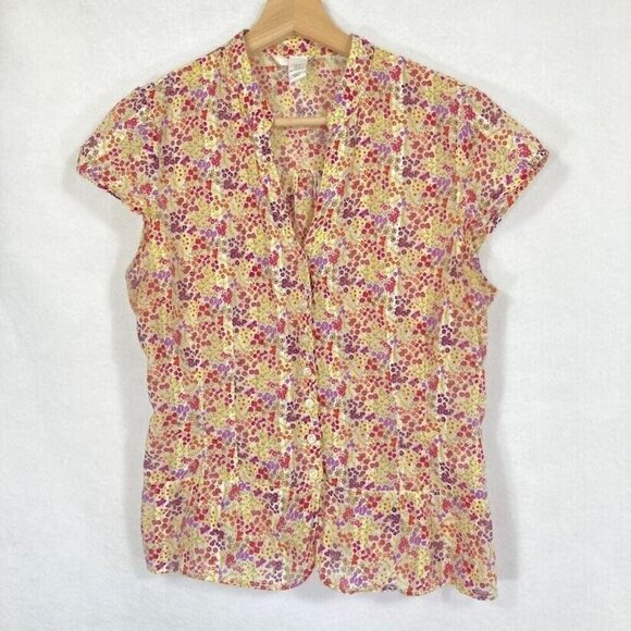 H&M Cap Sleeve Ditsy Floral Print Split Neck Button Up Shirt Size 12 - Picture 1 of 6